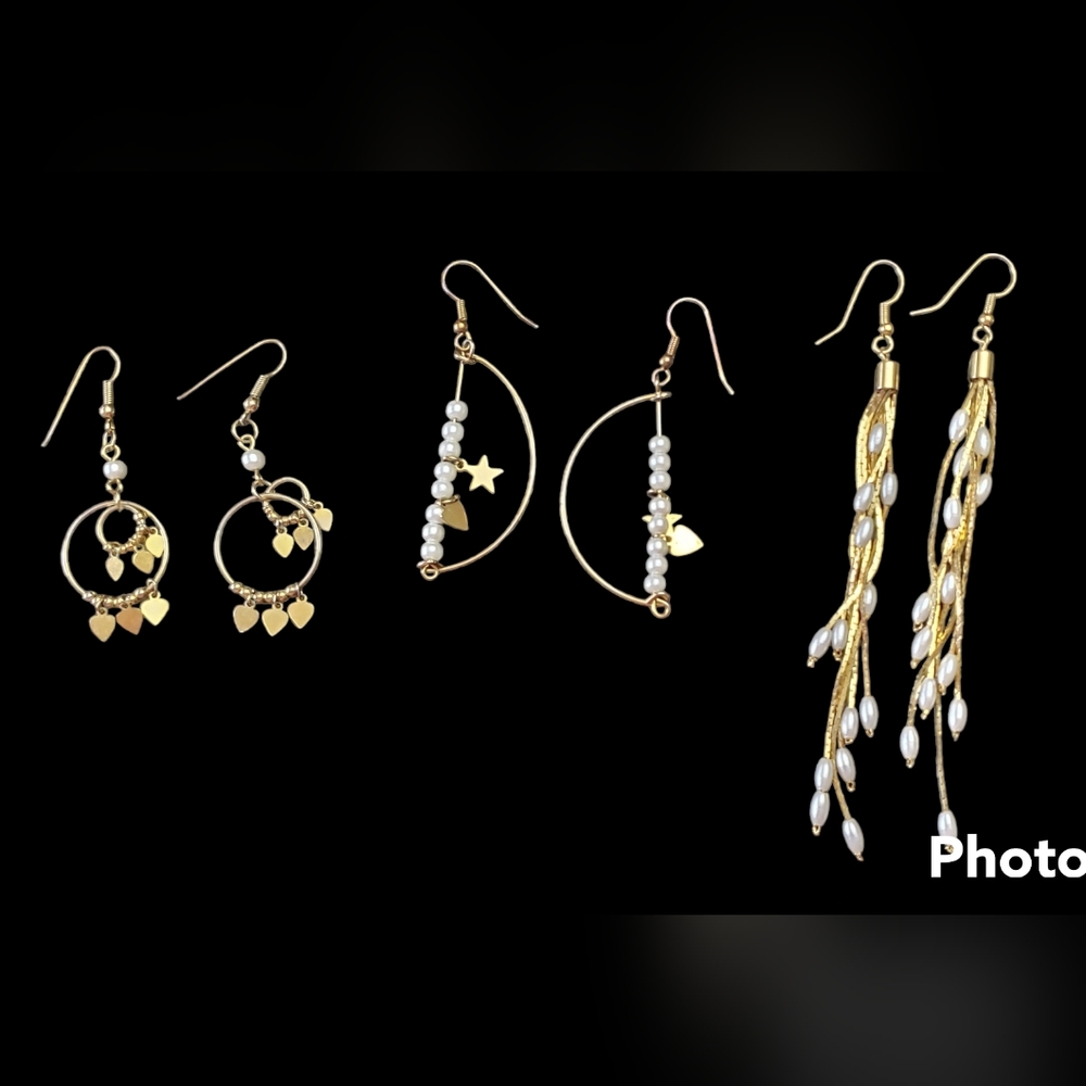 Lot of 3 pairs gold tone faux pearl earrings